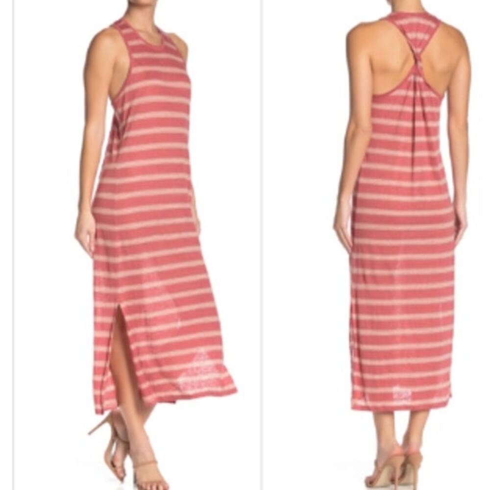 Joie Brellen Twist Back Linen Maxi Dress Women's Striped Coral Racerback L